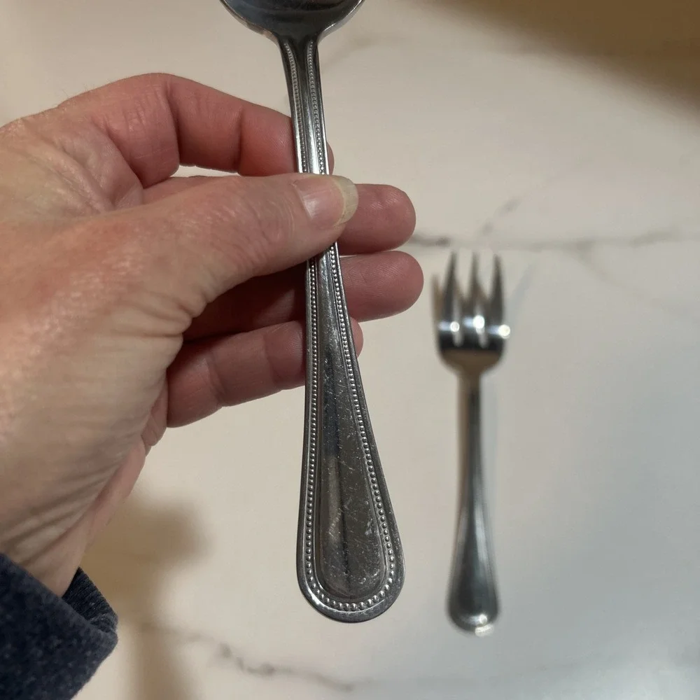 Gibson 18/0 Stainless Flatware Glossy BEADED Pattern Serving‎ Spoon, And Fork